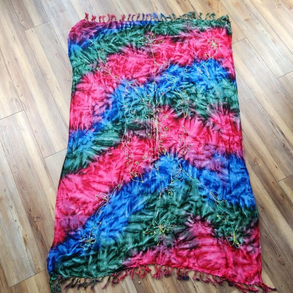 Pink Green Blue Tie Dye Bikini Wrap Boho Rainbow Embroidery Vacation Beach
